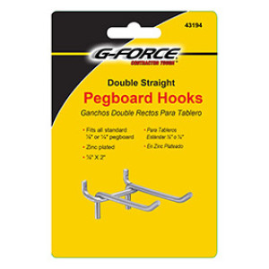G-FORCE 43194 1/8" X 2" DOUBLE STRAIGHT PEGBOARD HOOKS 2 PACK CARDED