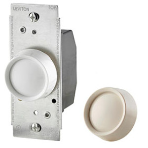 LEVITON C26-RNL06-0TW UNI SGL POLE ROTARY ON/OFF DIMMER LT ALMOND/WHITE KNOBS