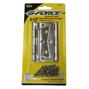 G-FORCE 42115 3-1/2" NON-MORTISE HINGE CHROME PLATED 1 PAIR PER CARD W/ SCREWS