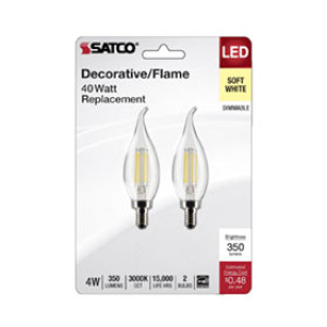SATCO S21841 4W TURN TIP LED CLEAR CANDELABRA BASE 3000K 350 LUMENS 120V 2PK