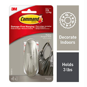 3M 17081BN-ES COMMAND BRUSHED NICKEL DESIGNER MEDIUM HOOK 3LB CAP