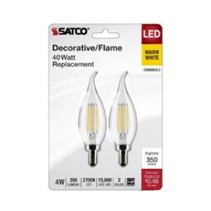 SATCO S21840 4W TURN TIP LED CLEAR CANDELABRA BASE 2700K 120V 350 LUMENS 2PK