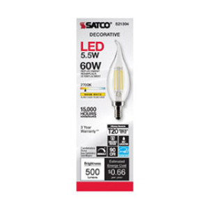 SATCO S21304 5.5W TURN TIP LED CLEAR CANDELABRA BASE 2700K 90 CRI 120V