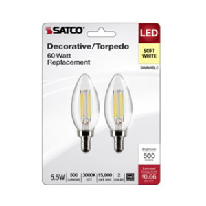 SATCO S21828 5.5W TORPEDO LED CLEAR CANDELABRA BASE 3000K 500 LUMENS 120V 2PK