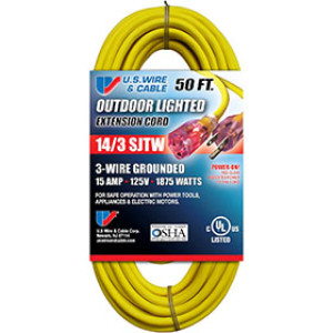 U.S. WIRE 73050 14/3 SJTW 50' NEMA 5-15 YELLOW EXTENSION CORD WITH LIGHTED END