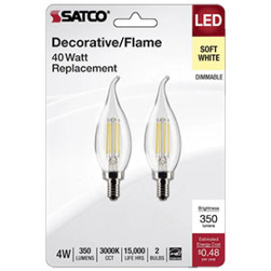 SATCO S21841 4W TURN TIP LED CLEAR CANDELABRA BASE 3000K 350 LUMENS 120V 2PK