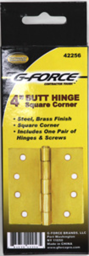G-FORCE 42256 SQUARE CORNER POLISHED BRASS 4" BUTT HINGES PAIR WITH SCREWS