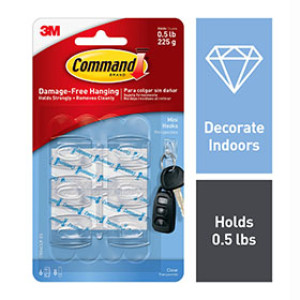 3M 17006CLR-ES COMMAND CLEAR MINI HOOKS 1/2 LB CAP- 6 HOOKS / 8 CLEAR STRIPS