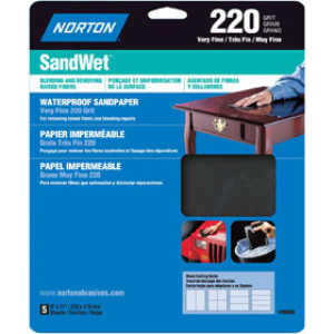 NORTON 48090 9" X 11" 220 SANDWET VERY FINE WATERPROOF SANDPAPER 5 PACK