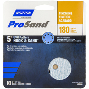 NORTON PROSAND 68350 5" P180B UVH HOOK & LOOP HANDY PACK SANDING DISCS 3-PACK