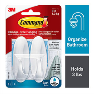 3M 17081B-ES COMMAND WHITE MEDIUM BATH HOOKS WATER RESISTANT STRIPS 3LB 2HOOKS
