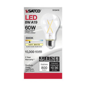 SATCO S12415 8W A19 LED CLEAR MEDIUM BASE 3000K 90 CRI 120V