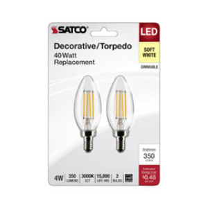 SATCO S21820 4W TORPEDO LED CLEAR CANDELABRA BASE 3000K 350 LUMENS 120V 2PK
