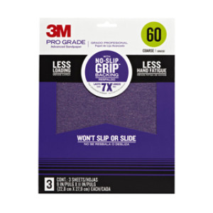 3M 26060TRI-3 PRO GRADE 9" X 11" 60 GRIT NO-SLIP GRIP ADVANCED SANDPAPER 3PACK