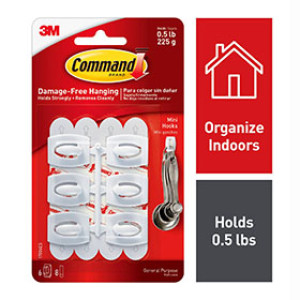 3M 17006ES COMMAND WHITE MINI HOOKS 1/2 LB CAPACITY - 6 HOOKS / 8 STRIPS