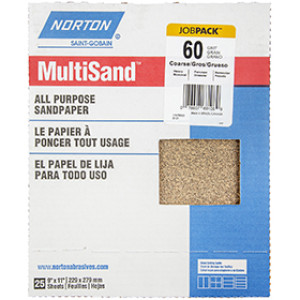 NORTON 68108 9" X 11" MULTISAND 60D GRIT ALL PURPOSE SANDPAPER JOB PACK 25PK