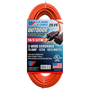 U.S. WIRE 63025 14/3 SJT W-A UL 25' ORANGE EXTENSION CORD INDOOR/OUTDOOR 15A