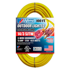 U.S. WIRE 73100 14/3 SJTW 100' NEMA5-15 YELLOW EXTENSION CORD WITH LIGHTED END